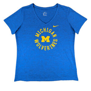 Michigan Wolverines T-Shirt Large Women's Nike Dri-Fit V-Neck Blue 100% Poly